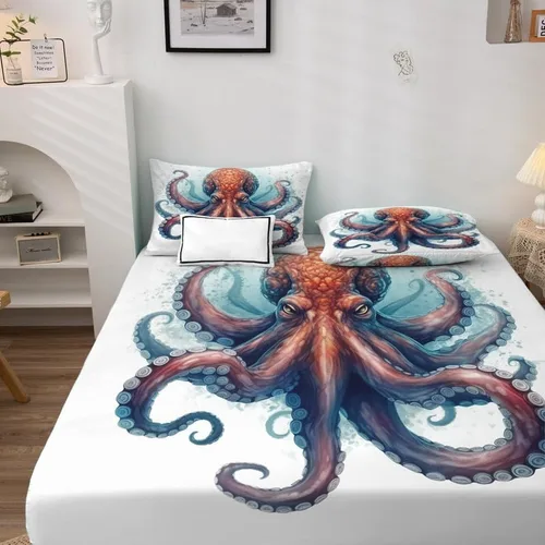 Vista 3 de Octopus Sheets - Juego de sábanas de tamaño individual, sábanas de microfibra suave, bolsillo profundo, sábanas y fundas de almohada estampadas sin