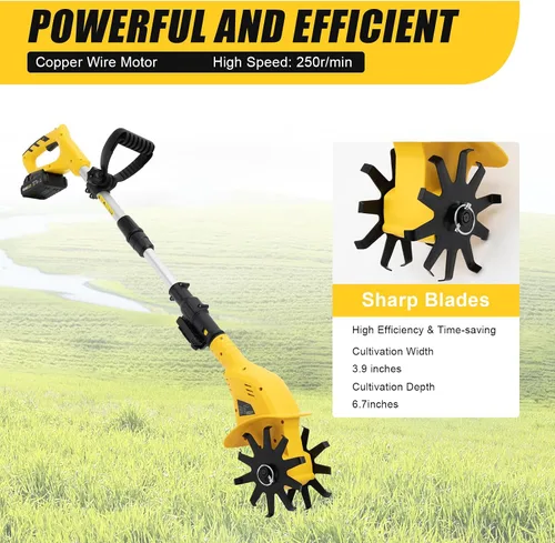 Vista 6 de Cultivador de cultivador inalámbrico, 20 V 250 rpm, cultivador de jardín eléctrico alimentado por batería, 6.7 pulgadas de ancho de labranza