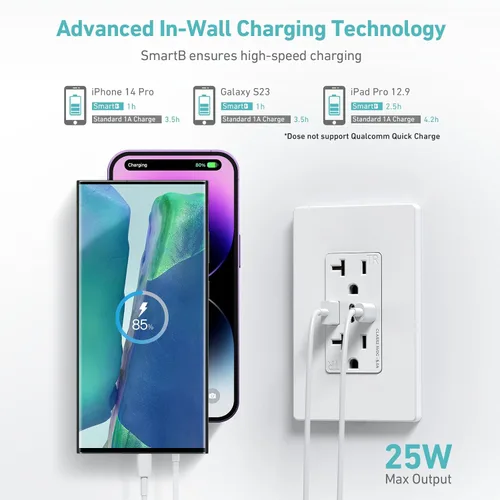 Vista 2 de WEBANG Toma de corriente USB, 6.0 amperios 3 puertos USB cargador de pared, receptáculo dúplex de 20 A resistente a manipulaciones con 2 puertos USB