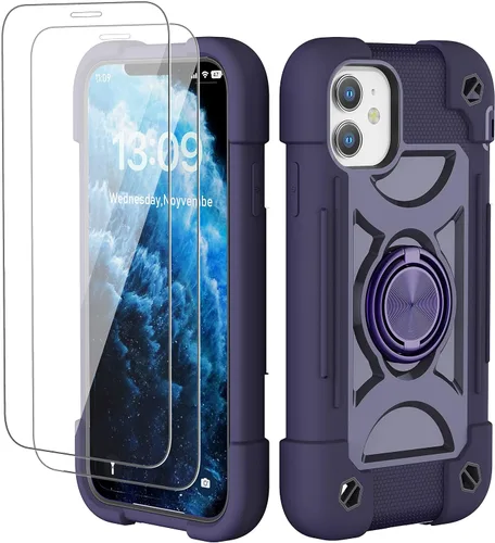 Vista 94 de Funda para iPhone 11 de 6.1 pulgadas con soporte de anillo, con 2 protectores de pantalla de vidrio, resistente a los golpes, resistente a