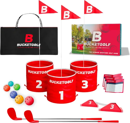 Vista 8 de bucketgolf Juego original de viaje de 3 agujeros con palos, juego de golf #1 para patio trasero y adultos y niños de todas las edades. Playa
