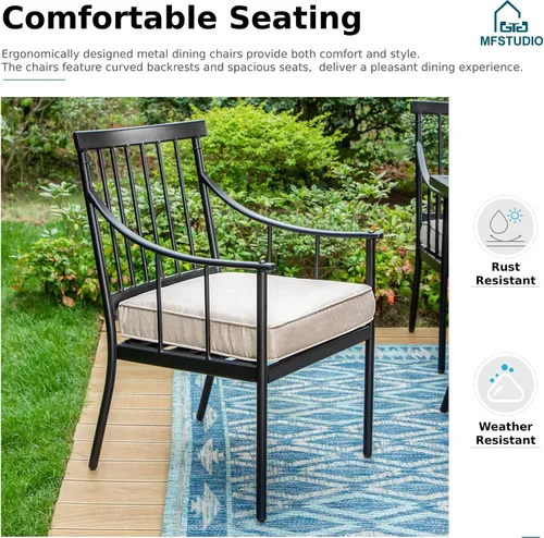 Vista 5 de MFSTUDIO Juego de comedor de 5 piezas de metal para patio, juego de muebles para exteriores con 1 mesa cuadrada de madera y 6 sillas de respaldo