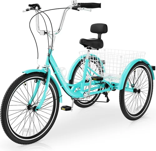 Vista 10 de Slsy Triciclo para adultos de 7 velocidades, 20/24/26 pulgadas, bicicleta de 3 ruedas para adultos con cesta de compras grande, capacidad de 350