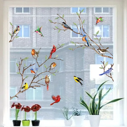 Vista 4 de Yovkky Adhesivo de 9 hojas para ventana de árbol de primavera y verano, diseño cardenal anticolisión, decoración de colibrí, pájaro azul, petirrojo