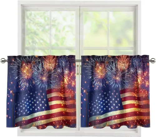 Vista 5 de God Bssing You Tier Curtains for July 4Th 2026 27.5x24 2 Panels Light Filtering Half Window Rod Pocket for Kitchen/Bathroom