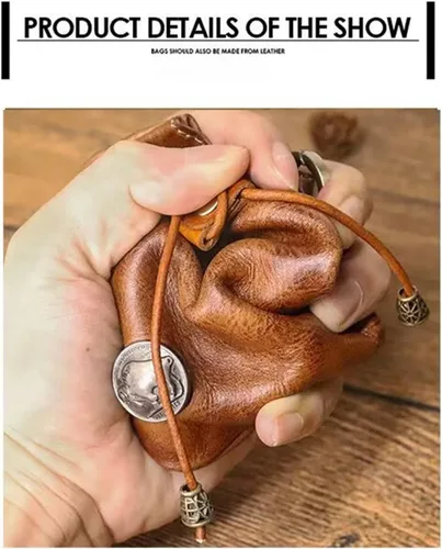 Vista 6 de Monedero medieval de piel auténtica, organizador de monedas, soporte para cambios, bolsa pequeña de cuero con cordón para hombres y mujeres, Marrón