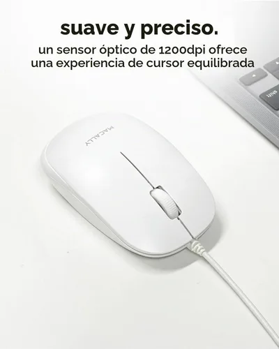 Vista 5 de Macally Ratón USB con cable para Mac y Windows, mouse simple de computadora con cable de 3 botones, diseño de rueda de desplazamiento con cable