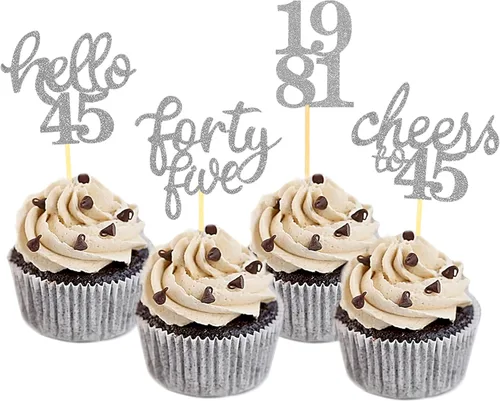 Vista 7 de 24 adornos para cupcakes de cumpleaños 45 con purpurina para decorar tartas de cumpleaños de 45 años, decoraciones de cumpleaños n.° 45 para Black2