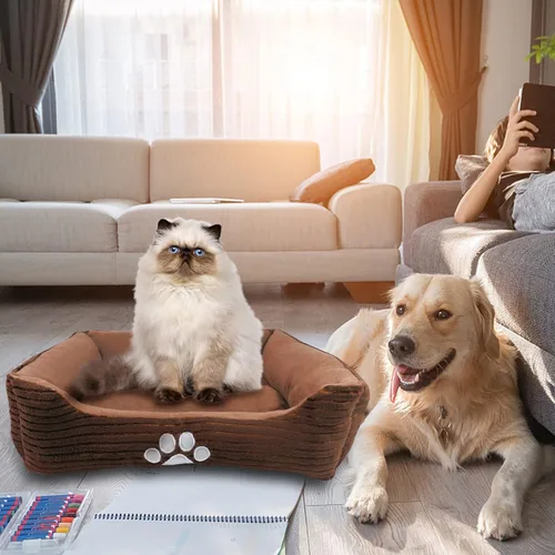 Vista 2 de Happycare Textiles - Cama para perro rectangular larga para mascotas con bordado de huella de perro, tamaño mediano, Coffee