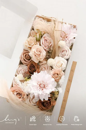 Vista 6 de Ling's moment Caja de flores artificiales, tallos de follaje artificial falso, rosas de espuma, dalia de seda, hierba de pampas, flor de tela