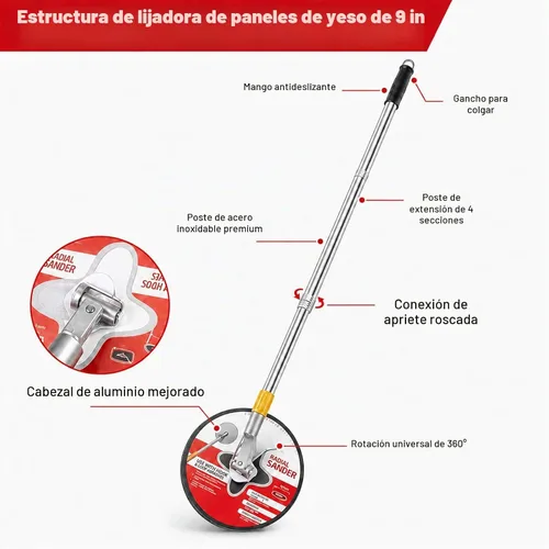 Vista 5 de Lijadora de poste mejorada para paneles de yeso, lijadora de pared para preparación de pintura, lijadora de paneles de yeso de 9 pulgadas con poste