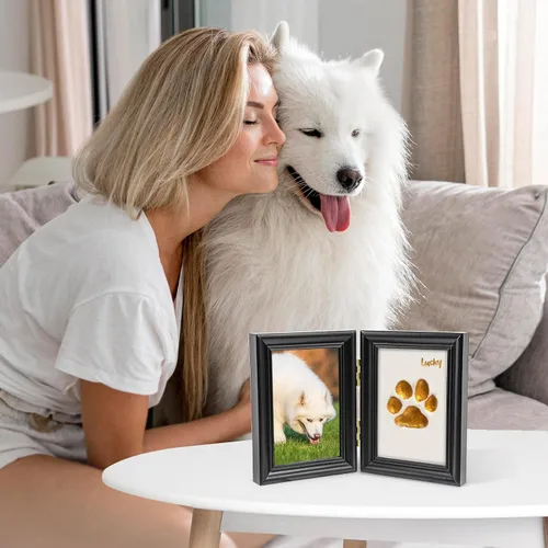 Vista 6 de Avont Kit de impresión de patas con marco de fotos y arcilla de impresión, recuerdo de impresión de huellas de patas para perros y gatos, exhibición
