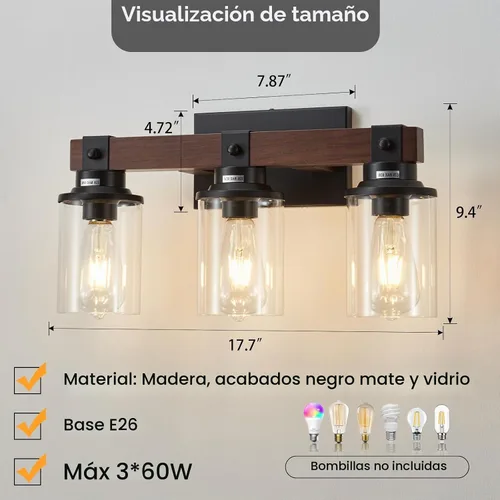 Vista 5 de Lámpara de tocador de madera de granja para baño, 3 luces de baño sobre espejo, apliques de pared rústicos con pantalla de metal para baño