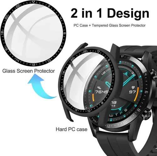 Vista 6 de [Paquete de 2] Funda con protector de pantalla de vidrio templado compatible con Huawei Watch GT2 de 1.812 pulgadas, dureza 9H de 360°, funda