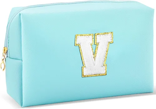 Vista 30 de URSKYTOUS Regalos para niñas, bolsa de maquillaje con inicial, bolsa de cosméticos personalizada con cremallera, bonita bolsa de aseo de viaje, Azul