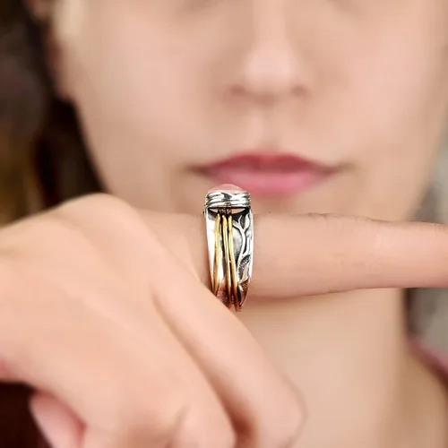 Vista 3 de Boho-Magic - Anillo giratorio de plata de ley 925 con hoja de cuarzo rosa para mujer piedras preciosas rosadas