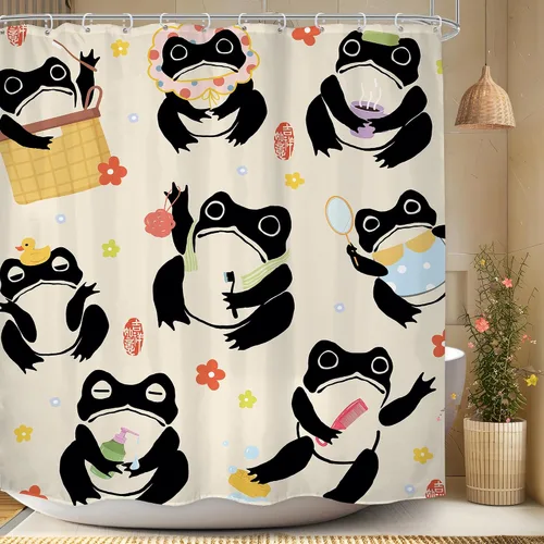 Vista 24 de Juego Divertido de Cortina de Rana Retro para Ducha, Juego de Baño 48x71 Pulgadas, Estilo Asiático Lindo, Arte Japonés Tradicional de Pato de Goma