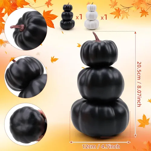 Vista 2 de Gresorth Juego de 2 calabazas artificiales apiladas blancas y negras para pintar, decoración artificial de Halloween, otoño, para el hogar, fiesta
