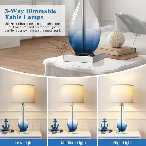 Vista 11 de Juego de 2 lámparas de mesa de cristal de 27 pulgadas con puertos USB, lámparas táctiles para mesita de noche 3-Way Dimmable,E26 Base, Bulbs