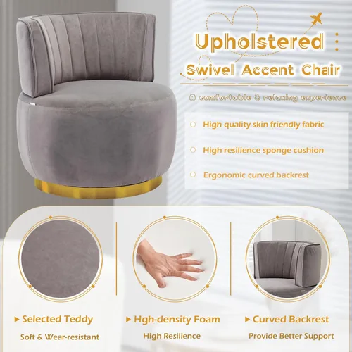 Vista 3 de Silla giratoria de terciopelo, sillón giratorio tapizado de 360 grados, moderno y cómodo sillón redondo para sala de estar pequeña, dormitorio Gris