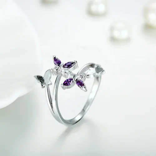 Vista 5 de MAIHAO Women's Adjustable Size 925 Sterling Silver Butterfly White Birthstone CZ Butterfly Shape Purple Austrian Crystals Rings