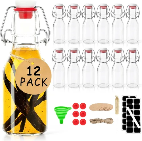 Vista 12 de Ruckae Paquete de 24 botellas de vidrio con tapa abatible de 4 onzas con tapas, botella de vidrio abatible de Kombucha Coquito para jarabe, extracto