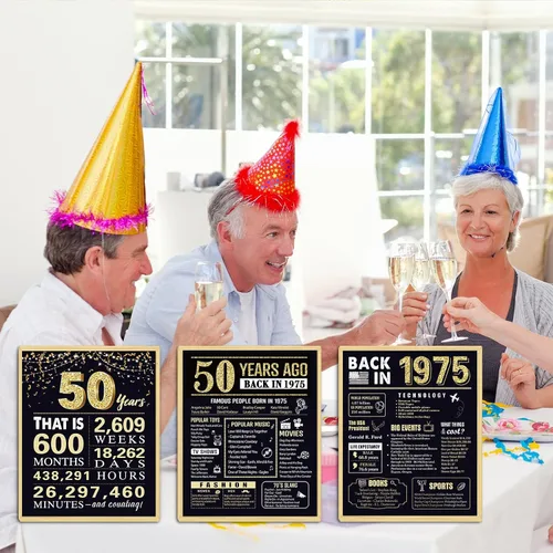 Vista 6 de Regalos de cumpleaños número 50 para hombres, decoraciones de cumpleaños de 1975, 3 piezas de 11 x 14 pulgadas, carteles de "Back in 1975" Hace 50