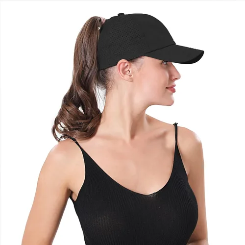 Vista 5 de Gorra de béisbol mejorada para mujer, con diseño de cola de caballo cruzada, ajustable, con moño, de secado rápido, gorra de camionero
