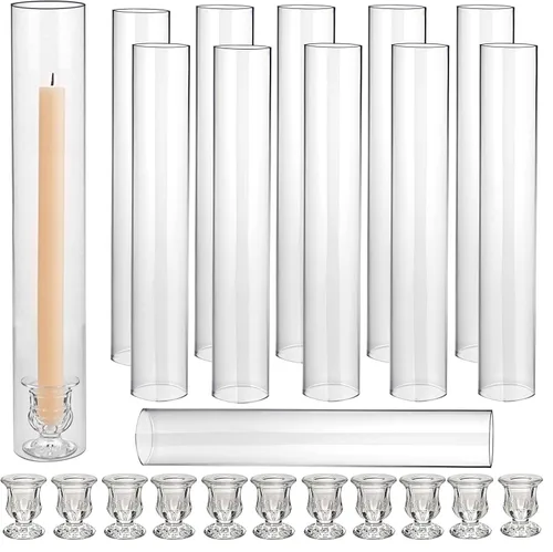 Vista 11 de CHILL RECIPE Portavelas Hurricane de Cristal Transparente Cilíndricos de 12 pulgadas de Alto, Tubo de Chimenea, Portavelas de Cristal Cónico Floral