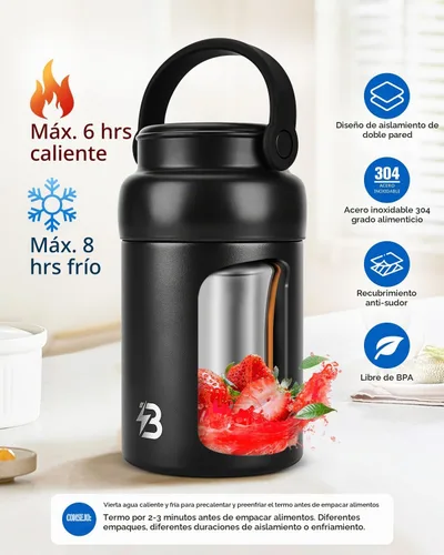 Vista 2 de Termo para comida caliente, 20 onzas aisladas con cuchara, negro