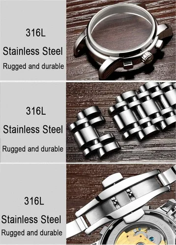 Vista 7 de LOREO Reloj de hombre automático multifunción de zafiro plateado de acero inoxidable con fecha, esfera negra, resistente al agua