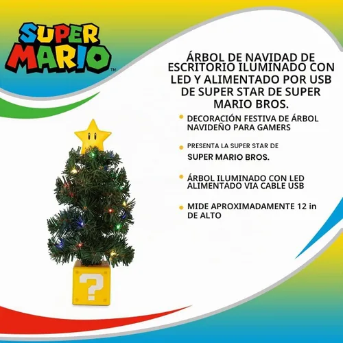 Vista 6 de Nintendo Super Mario Bros. Super Star - Árbol de vacaciones de escritorio con iluminación LED USB, tamaño único