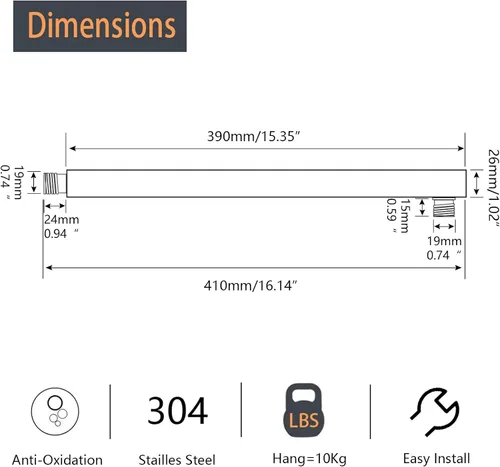 Vista 2 de NearMoon Brazo de ducha de 16 pulgadas, extensor de extensión de cabezal de ducha de lluvia, con brida y cinta de teflón, hecho de acero inoxidable
