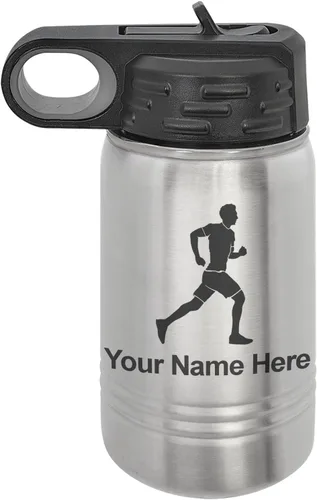Vista 43 de LaserGram Botella de agua personalizada, Running Man, acero inoxidable de doble pared aislada al vacío con popote superior, regalo grabado