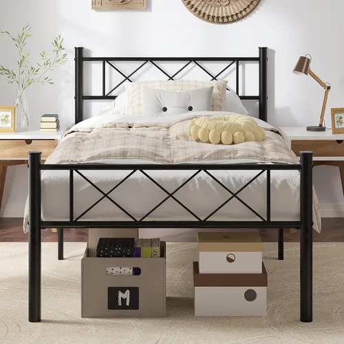 Vista 15 de VECELO Base de cama de tamaño individual con cabecero, base de cama resistente con listones de metal fuertes, no necesita somier y fácil montaje