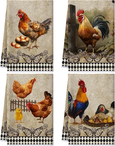 Vista 12 de Geyoga 4 toallas de cocina de pollo, gallo, toallas de mano con animales de granja, vaca, vintage, rústico, paño de té para primavera, Pascua, baño