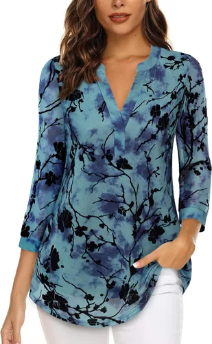 Vista 11 de Timeson - Blusas de manga de 3/4 para mujer, estilo casual, con cuello en V, camisas largas de vestir de doble capa, de malla Negro