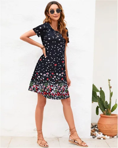 Vista 6 de Sherosa - Vestido de verano sin mangas o con manga corta, estampado floral, con bolsillos, casual, suelto, con vuelo, vestido estilo camiseta