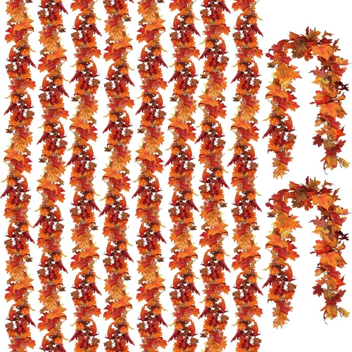 Vista 12 de CQURE - Paquete de 5 guirnaldas de otoño, 29.5 pies, hojas de arce artificiales de otoño, vides, Acción de Gracias, Halloween, decoración de cosecha
