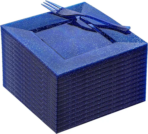 Vista 11 de DaYammi 100 platos de postre con purpurina azul, que incluyen 50 platos de aperitivo de 6 pulgadas y 50 tenedores de plástico de 5.7 pulgadas, plato