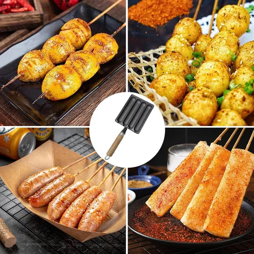 Vista 9 de Ollas de salchichas a la parrilla, sartenes de salchicha de hierro fundido, sartén de cocción de salchichas con diseño de brocheta múltiple