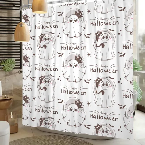 Vista 6 de Cortina de ducha divertida de Halloween, espeluznante y bonita, fantasma, calabazas, murciélagos, cortina de baño para niños, decoración