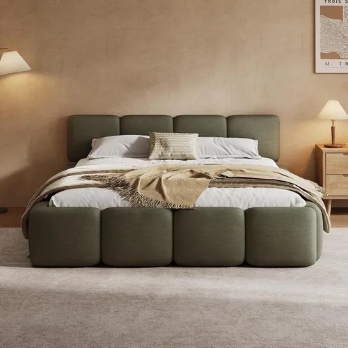 Vista 13 de Christopher Knight Home Hazel - Cama de plataforma tamaño King, cabecero y pie de cama gruesos de lino, camas tapizadas con base sólida