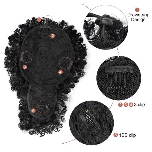 Vista 3 de Cola de caballo con cordón para mujeres negras Afro Puff Cola de caballo con cordón con flequillo Cola de caballo corta crespa y rizada Moño cola