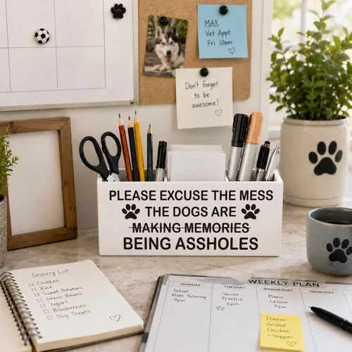 Vista 4 de Portalápices para perros regalos para mujeres y hombres, regalos para amantes de las mascotas, Please Excuse The Mess The Dogs are Being Assholes