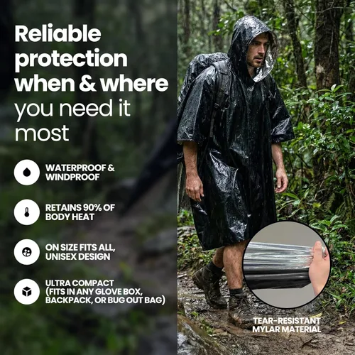 Vista 2 de Wallaby Ponchos de lluvia Mylar de alta resistencia (paquete de 4, negro)