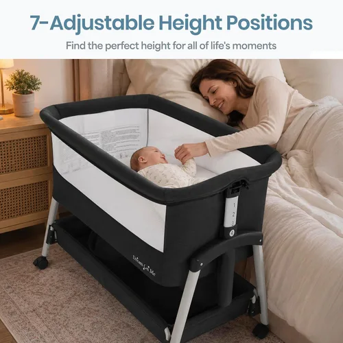 Vista 2 de Dream On Me Calypso - Cuna portátil plegable, color negro 7-Level Height Adjustable with Lockable Wheels, Aluminum Frame, Dual-Zone Storage Basket