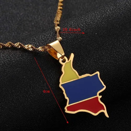 Vista 3 de Huangshanshan Esmalte Colombia Mapa Colgante Collar Bandera Colombiana Mapa Joyas (Oro), Acero inoxidable