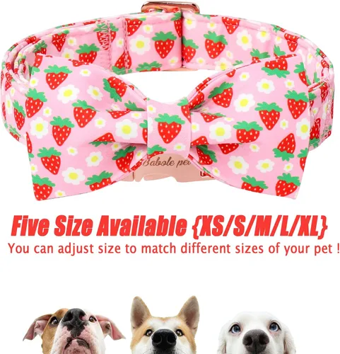 Vista 6 de Lindo collar de perro de fresa con corbatín – Collar ajustable de primavera y verano rosa con corbatín rosa, transpirable y cómodo, para perros