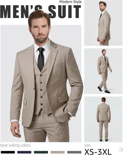 Vista 3 de Traje de 3 piezas para hombre con corbata, chaleco sólido de un botón y beige (529-beige)
